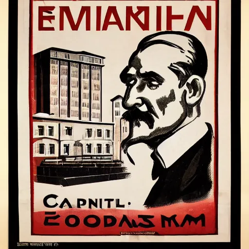 Image similar to 1 9 0 8 capitalism propaganda poster, black and white engraving on antique yellowed paper, with red ink used for emphasis, eastern european look, serious face of leader in the middle of poster, with intricate imagery of buildings and factories and laborers in the background