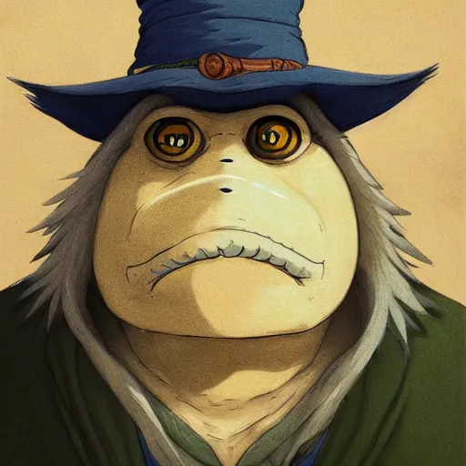 Image similar to A portrait of a wizard but his head is a frog', painted by Studio Ghibli, 4k, traditional art, trending on deviantart, highly detailed, full body shot, wide depth of field, professional lighting, airbrush