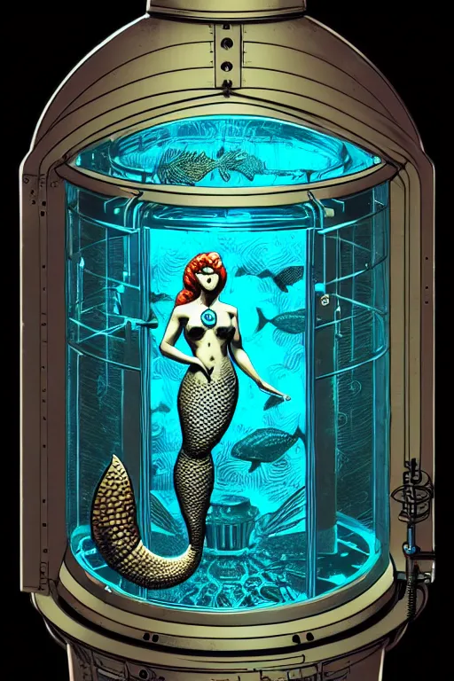 Image similar to steampunk cryo chamber containing a mermaid, high details, intricately detailed, by vincent di fate, inking, 3 color screen print, masterpiece, trending on artstation,, sharp, details, hyper - detailed, hd, 4 k, 8 k