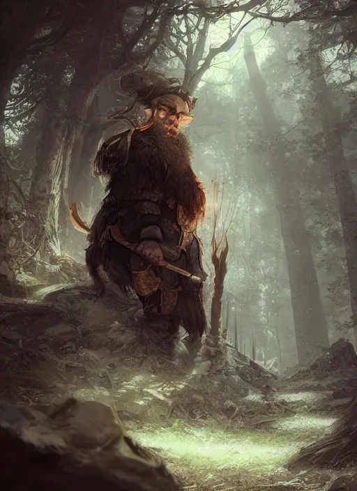 Prompt: Beautiful art portrait of a male fantasy dwarf in a dark temple surrounded by dead forest, atmospheric lighting, intricate detail, cgsociety, hyperrealistic, octane render, RPG portrait, ambient light, dynamic lighting