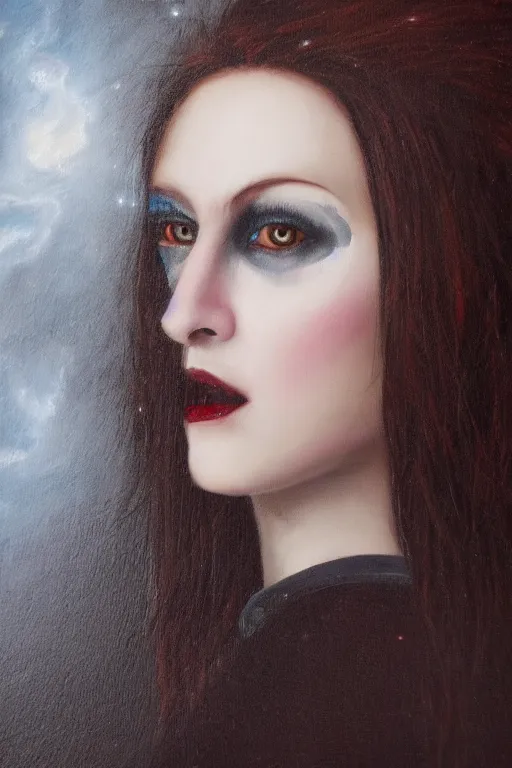 Image similar to hyperrealism oil painting, close - up portrait of european medieval brunette vampire fashion model, knight, steel gradient mixed with nebula sky, in style of baroque