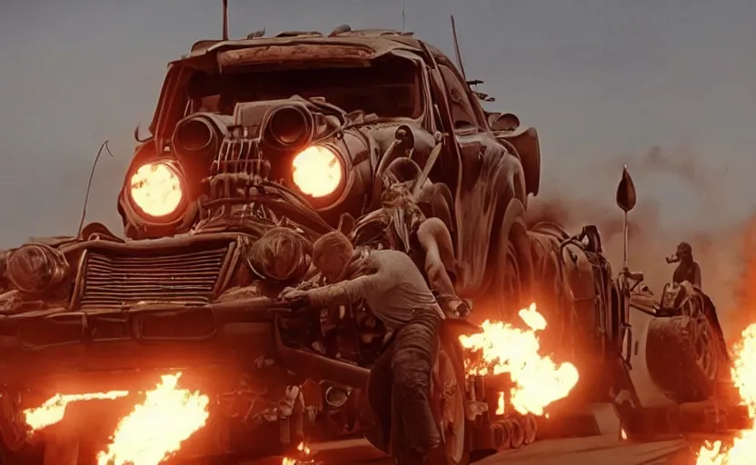 Image similar to flash mcqueen in mad max fury road, realistic, still from a movie