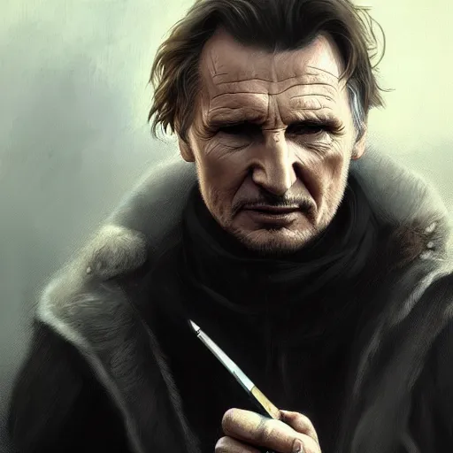 Prompt: liam neeson fighting wolves with crack pipe, highly detailed digital painting, artstation, concept art, sharp focus illustration art by artgerm and greg rutkowski and alphonse mucha