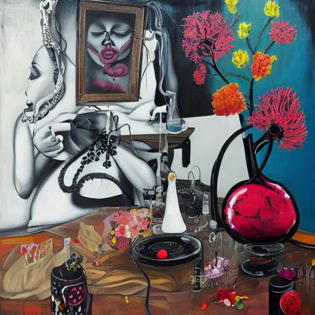 Image similar to empty room with black walls, sensual portrait of a female pathologist, broken vase of flowers and water, octopus, squashed berries, neo - expressionism, surrealism, acrylic and spray paint and oilstick on canvas