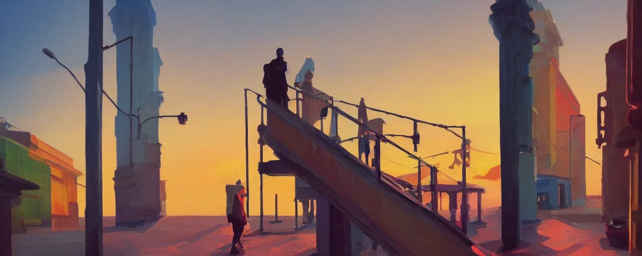 Image similar to A simplistic oilpainting of neo brutralism, a long stairway up, concept art, colorful, vivid colors, sunrise, warm colors, light, strong shadows, reflections, cinematic, 3D, in the style of Akihiko Yoshida and Edward Hopper