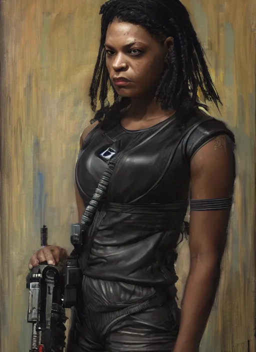 Image similar to Isabel igwe. cyberpunk mercenary wearing a cyberpunk headset and combat jumpsuit. (Cyberpunk 2077, bladerunner 2049). Iranian orientalist portrait by john william waterhouse and Edwin Longsden Long and Theodore Ralli and Nasreddine Dinet, oil on canvas. Cinematic, vivid colors, hyper realism, realistic proportions, dramatic lighting, high detail 4k