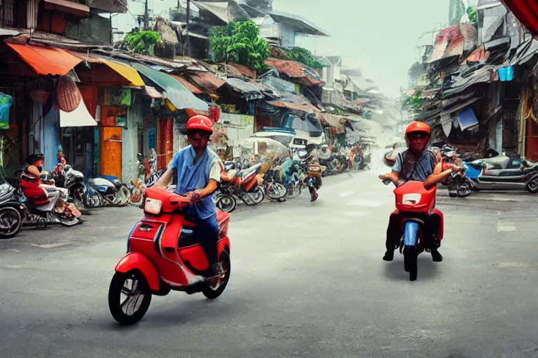 Prompt: moped scotter racing on the street of hanoi, by etienne dinet, artstation cgsociety