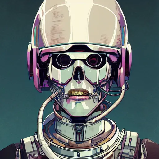 Prompt: realistic detailed cyberpunk close up portrait of a menacing warrior space pirate with shiny skull space helmet by Anna and Elena Balbusso, Akira, Ghost in the Shell, studio Ghibli, anime Art Nouveau, rich deep vibrant colors, futuristic, sci-fi