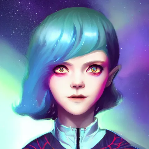 Image similar to a nonbinary changeling with a starry cloak, aurora colored hair, curious expression, character art, full body art, trending on artstation, artgerm, 4k ultra hd, sharp focus, digital art by Ilya Kuvshinov and Ross Tran,