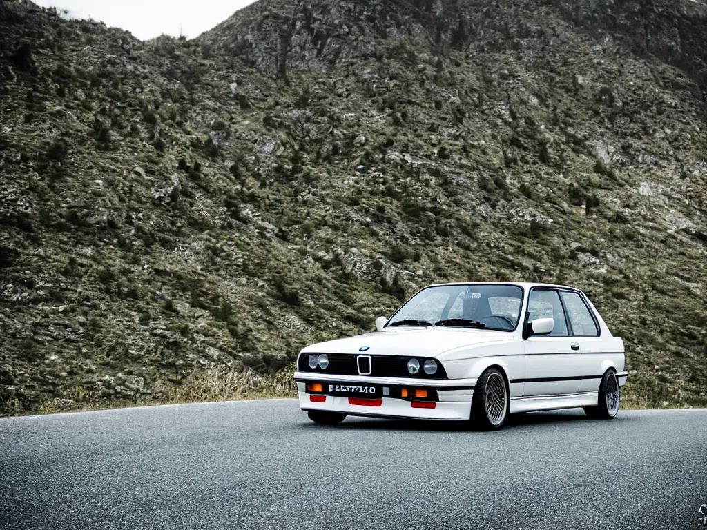 Prompt: a single modified bmw e 3 0 with lights on a mountain road, motion blur, 3 5 mm photography, car photography, clean lines, realistic