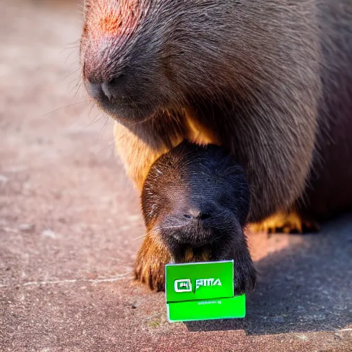 Image similar to cute capybara eating a neon nvidia gpu, chewing on a video card, cooling fans, cyberpunk, wildlife photography, bokeh, sharp focus, 3 5 mm, taken by sony a 7 r, 4 k, award winning