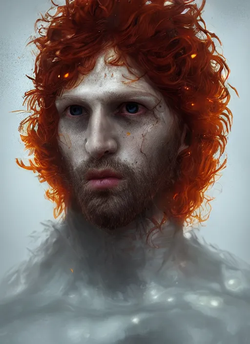 Prompt: darkwave portrait of curly orange hair man from dark souls 3, au naturel, hyper detailed, digital art, trending in artstation, cinematic lighting, studio quality, smooth render, unreal engine 5 rendered, octane rendered, art style by klimt and nixeu and ian sprigger and wlop and krenz cushart.