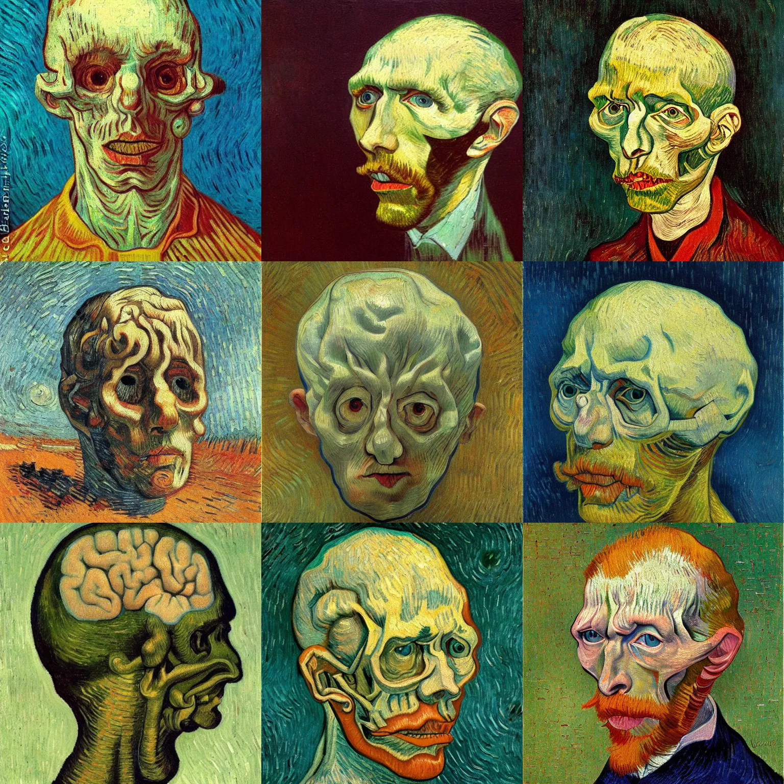 Prompt: A disembodied head with an exposed brain, oil painting, surrealism style, painted by Vincent van Gogh