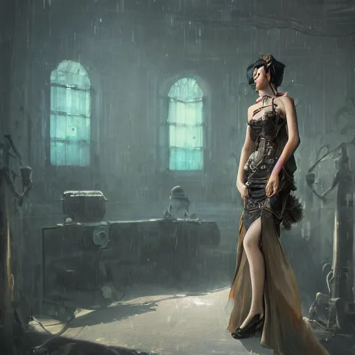 Prompt: a fancy photograph of an attractive women in a steampunk style half cut dress by greg rutkowski, sung choi, mitchell mohrhauser, maciej kuciara, johnson ting, maxim verehin, peter konig, 8 k photorealistic, cinematic lighting, hd, high details, dramatic, dark atmosphere, trending on artstation