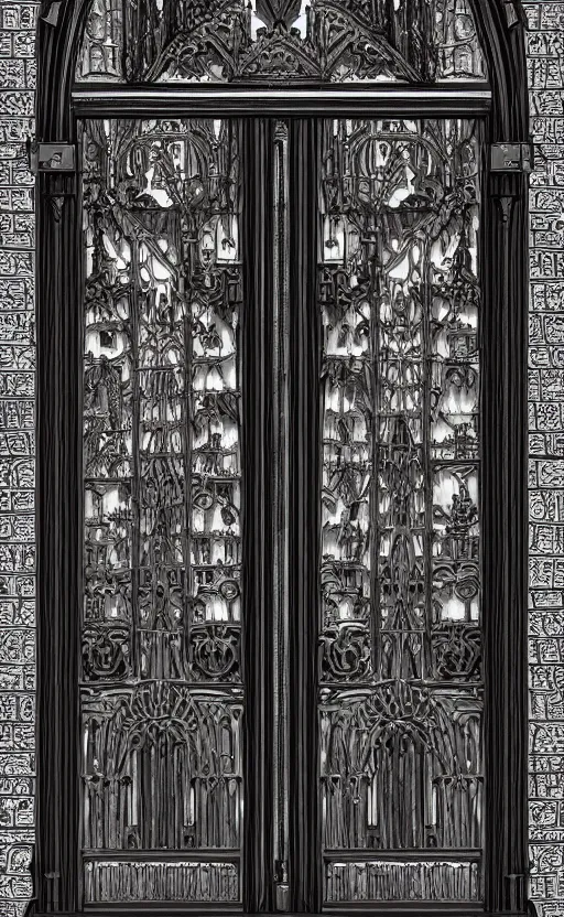 Prompt: portal double doors. big face carved in the center. gothic medieval baroque. black iron. symmetry. epic. ominous shapes. hyper detailed. photoreal