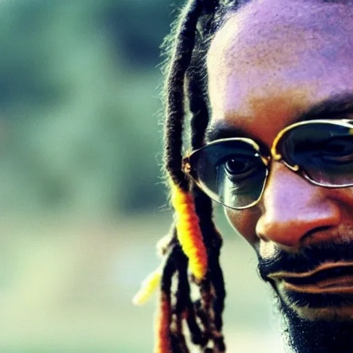 Image similar to cinematic film still of Snoop Dogg starring in a Steven Spielberg film as Bob Marley, candid photo, 1999, Jamaica, shallow depth of field, close up photograph, epic lighting
