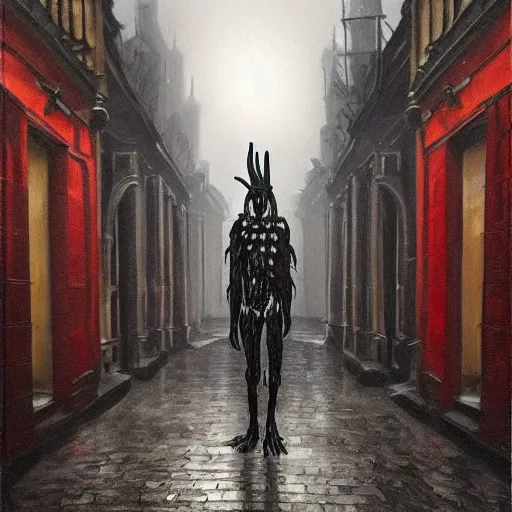 Image similar to terrifying wendigo walking through the center of old london city, oil painting, gloomy misty atmosphere, symmetrical, full body image, highly ornate intricate details, very sharp photo,