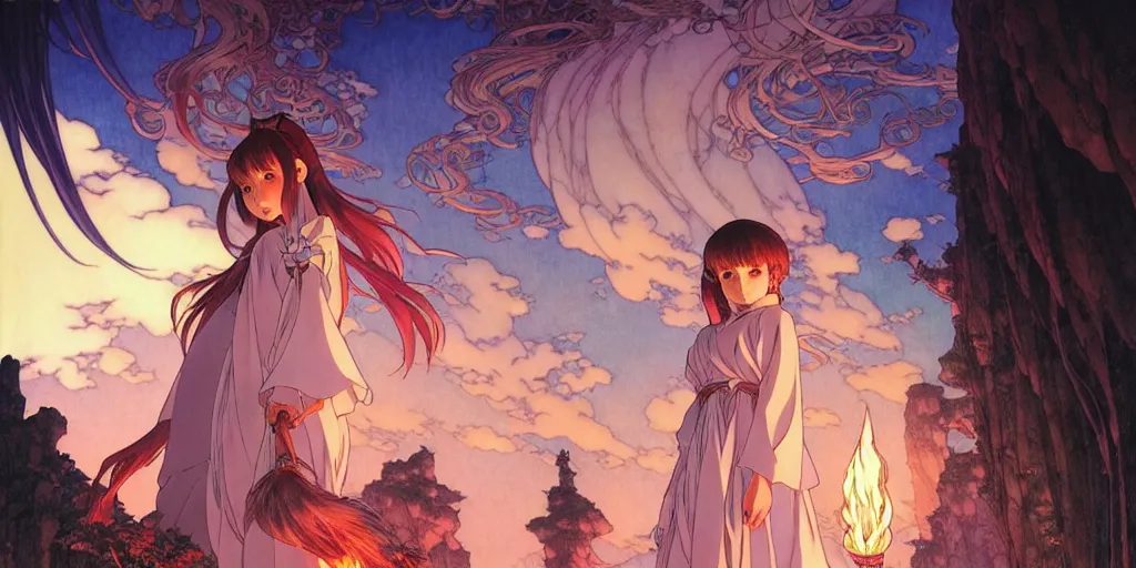 Image similar to the girl and the magic dragons cave. anime visual. torches, dark. by hayao miyazaki and rossdraws and artgerm and chie yoshii and alphonse mucha. anime production by studio ghibli. high quality, stunning, intricate detailed environment. 8 k