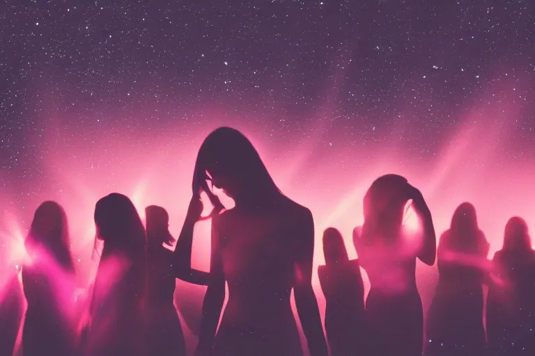 Image similar to blured shadows of dancing young women on pink light, close-up, focused background blue night sky with stars and orange campfire, polaroid photo