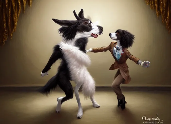 Prompt: wide shot painting of a male anthropomorphic border collie fursona dancing with a cute female anthropomorphic sheep fursona in a ballroom, beautiful, intricate, elegant, realistic proportions, highly detailed, scenic background, trending on artstation, art by charlie bowater and henry asencio and and ross tran