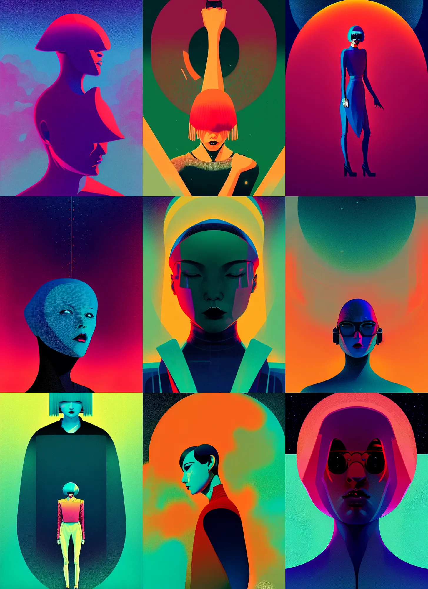 Prompt: ( ( dither ) ), editorial illustration portrait of reol, dynamic pose, modern art deco, colorful, ( ( mads berg ) ), christopher balaskas, victo ngai, rich grainy texture, detailed, dynamic composition, wide angle, moebius, matte print, ( ( night sky ) ), volumetric