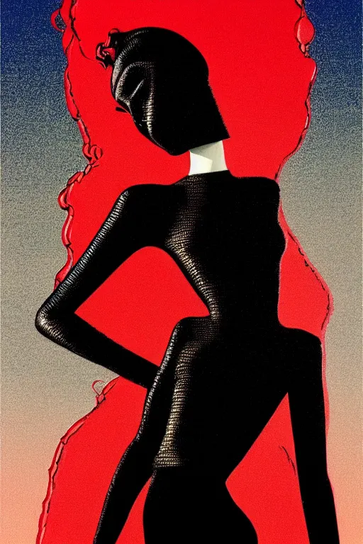 Image similar to dreamy girl character with perfect body in a nice black leather suit and red lips, very artistic pose, background in blurred, perfect lighting. professional design, intricate complexity, by dan mumford and by alberto giacometti, peter lindbergh, malevich, william stout