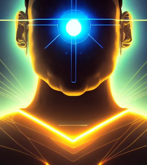 Image similar to symmetry!! egyptian god of technology, solid cube of light, hard edges, product render retro - futuristic poster scifi, lasers and neon circuits, brown skin handsome egyptian god, intricate, elegant, highly detailed, digital painting, artstation, concept art, smooth, sharp focus, illustration, dreamlike, art by artgerm