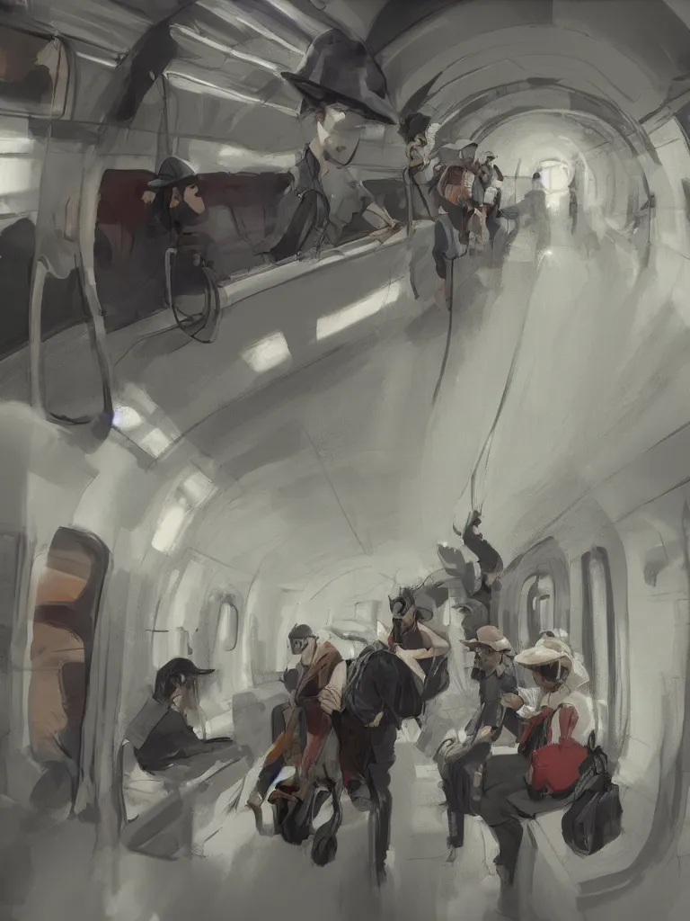 Prompt: riding the subway, by disney concept artists, blunt borders, rule of thirds, beautiful light