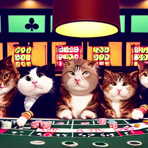 Prompt: fat mobster cats gambling at a poker table single light overhead photo