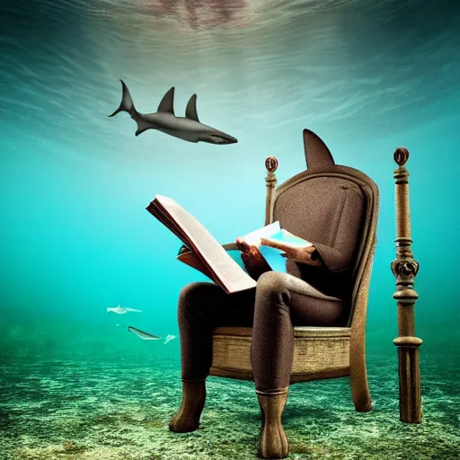 Image similar to a shark sitting in a chair reading a book underwater realistic hdr 8 k 3 5 mm