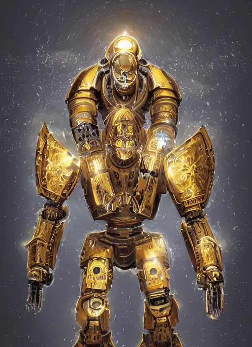 Image similar to full body, dynamic attack position abstract portrait of a intricate glorious holy mechanical warforged character in yellow armor holding a paladin engraved great longsword drawn and carrying a big paladin shield, glowing!!!! eye!!!!!, face in focus, pit droid, epic , trending on ArtStation, masterpiece, cinematic lighting, by Ross Tran and by Greg Rutkowski