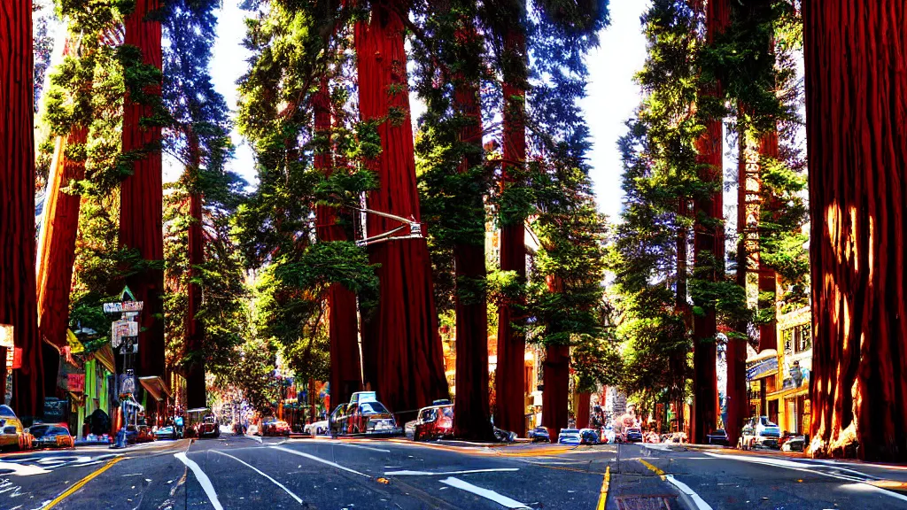 Prompt: Market Street San Francisco lined with Redwood Trees; City in Harmony with Nature; Location: San Francisco, California; retro-natural-futurism; Trees photographed by Neil Burnell