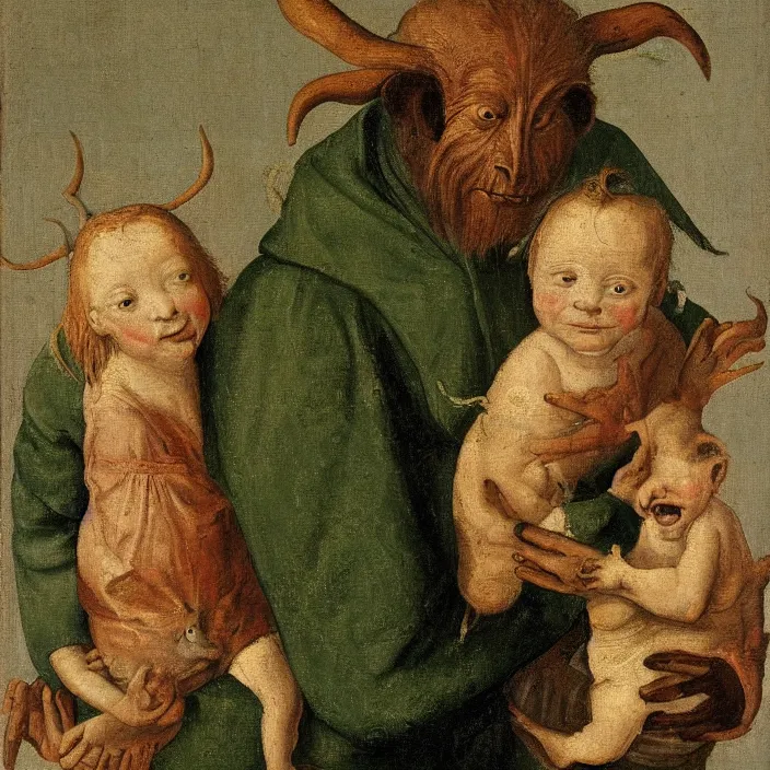 Image similar to a green - horned goblin holding a child, early netherlandish painting,