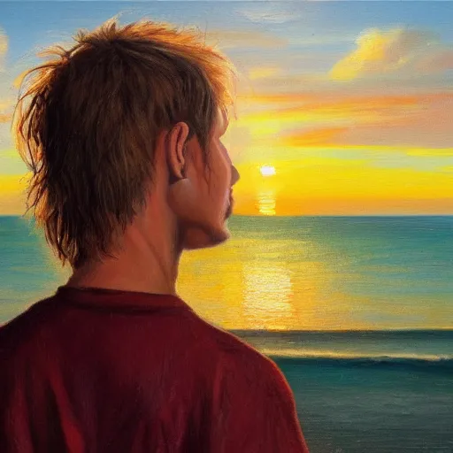 Image similar to a teen guy with mullet, portrait, sunset, ocean in distance, oil painting, pale colors, high detail, 8 k, wide angle, trending on artstation,