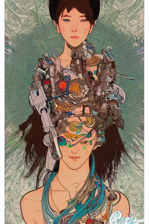 Image similar to beautiful cyborg portrait girl female illustration detailed patterns art of thai traditional dress, pop art, splash painting, art by geof darrow, ashley wood, alphonse mucha, makoto shinkai