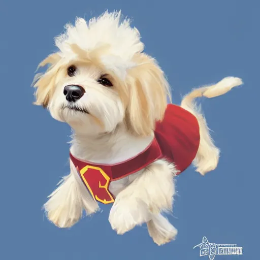 Image similar to cream colored havanese dog dressed as a super hero, jumping off a rooftop, sideways wide shot, highly coherent, saga comic, graphic novel, fiona staples