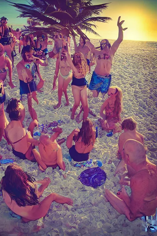 Image similar to death metal beach party, colour photograph, sunny day, highly detailed