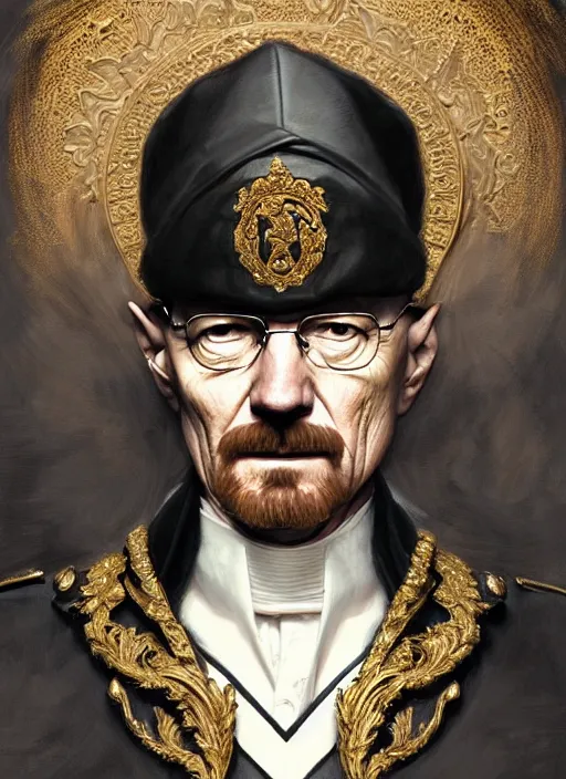 Image similar to portrait of supreme leader walter white, royalty, extravagant, lord, full body, military uniform, fantasy, intricate, elegant, beautiful, highly detailed, charcoal, centered, dark, smokey, digital painting, artstation, concept art, art by artgerm and greg rutkowski and alphonse mucha