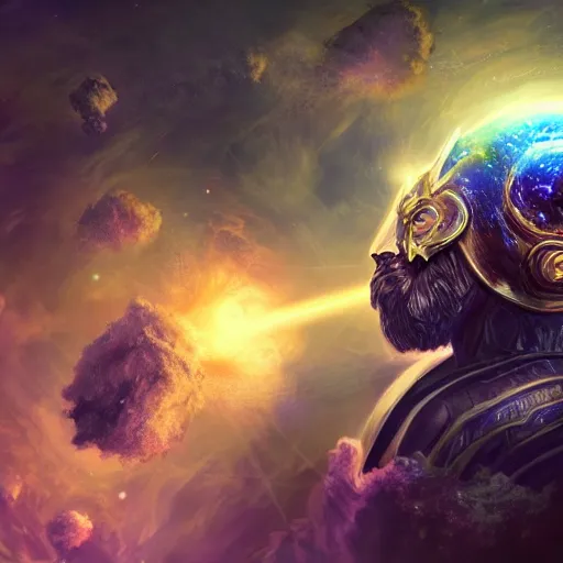 Image similar to photorealistic fantasy cosmic concept art of a cosmic god with armor made out of planets and dark matter, hovering in a unknown galaxy, fully body portrait, cinematic, dynamic lighting, ultra detailed, creative, trending on art station, stunning visuals, creative