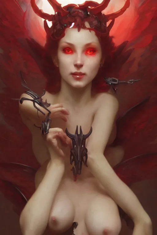 Image similar to Beautiful pale laughing succubus with mechanical wings and devil's horns, red lighting, masterpiece 4k digital illustration by Ruan Jia and Mandy Jurgens and Artgerm and william-adolphe bouguereau, highly detailed, trending on artstation, award winning,
