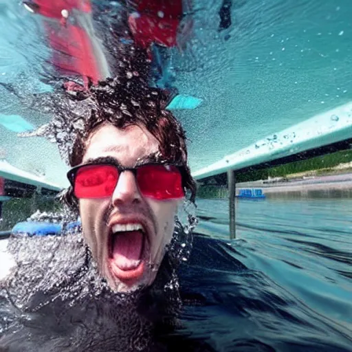 Image similar to guy drowning in an autobus full of water panic agitated go pro