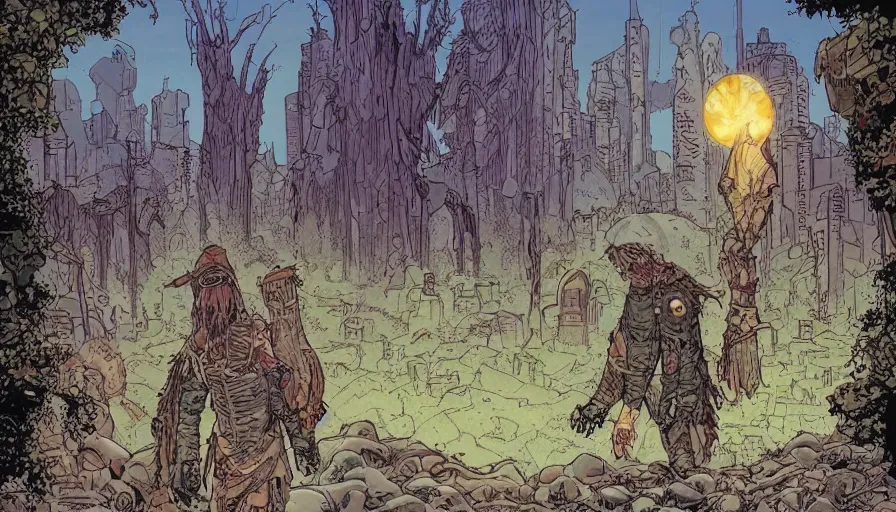 Image similar to ligne claire art of a druid in postapocalyptic city intertwined with nature in the open space, street - level view, by moebius, bright colors, eisner award - winning spread