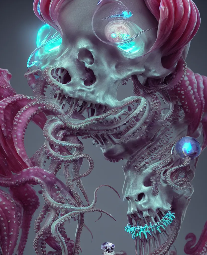 Image similar to goddess close - up portrait human skeleton, ram skull, octopus, jellyfish, orchid, betta fish, bioluminiscent, intricate artwork by tooth wu and wlop and beeple. octane render, trending on artstation, greg rutkowski very coherent symmetrical artwork. cinematic, hyper realism, high detail, octane render, 8 k