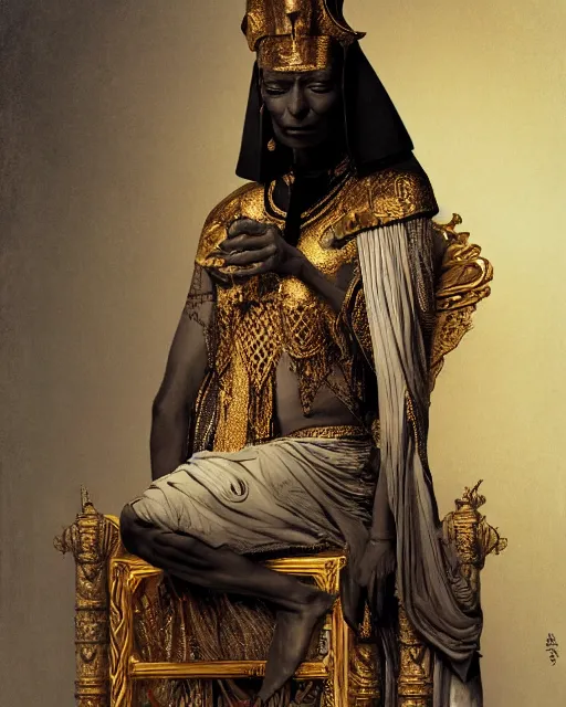 Image similar to tilda swinton as a dark - skinned egyptian pharao sitting on a throne, intricate, elegant, highly detailed, digital painting, artstation, concept art, matte, sharp focus, illustration, art by anders zorn and greg rutkowski and alphonse mucha