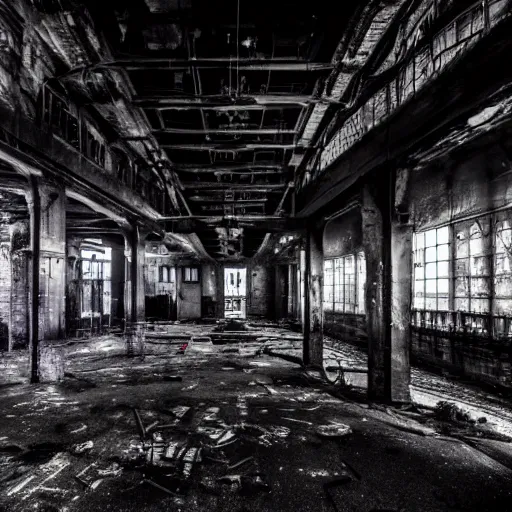 Prompt: a nightclub in an abandoned steelworks, crowded with cyber goths, dark gloomy, cavernous