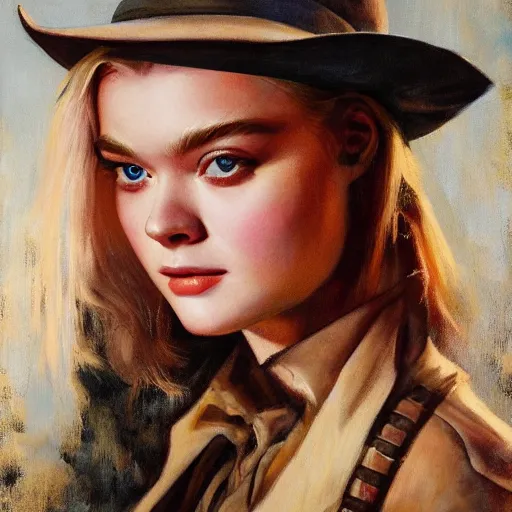 Image similar to ultra realistic portrait painting of elle fanning as a western outlaw, art by frank frazetta, 4 k, ultra realistic, highly detailed, epic lighting