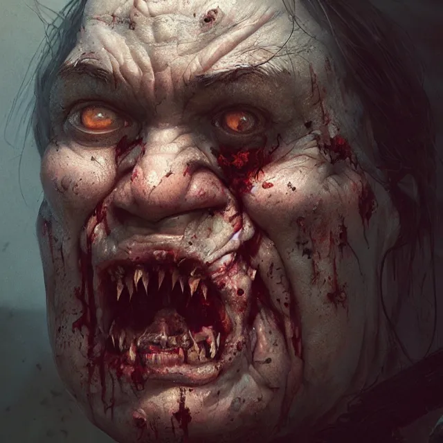 Prompt: hyper realistic photo portrait fat zombie cinematic, greg rutkowski, james gurney, mignola, craig mullins, brom redshift, vray, octane