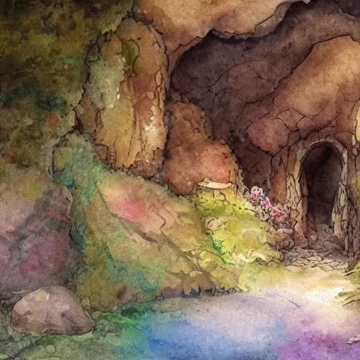 Prompt: cave in mountain paved, botanic watercolors, iridescent, 8 k, realistic shaded, fine details, artstation, italian, iron gate