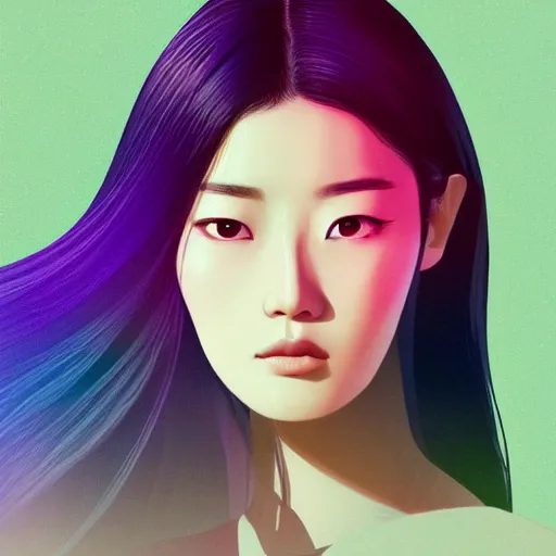 Prompt: half - electric jun ji hyun with cute - fine - face, pretty face, oil slick multicolored hair, perfect face, extremely fine details, volumetric lighting, dynamic background, poster by ilya kuvshinov katsuhiro otomo