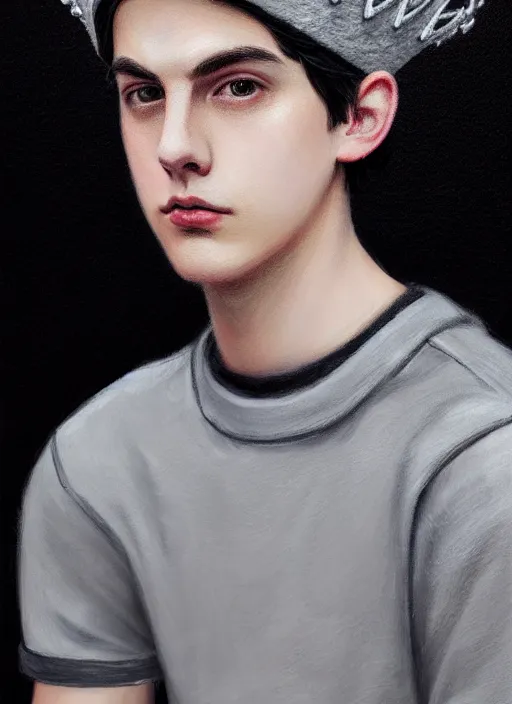 Prompt: portrait of teenage jughead jones wearing a light grey crown, photorealistic, single color crown made of fabric, crown made of felt, black hair, intricate, elegant, highly detailed, digital painting, glowing lights, artstation, concept art, smooth, sharp focus, illustration, art by wlop, mars ravelo and greg rutkowski